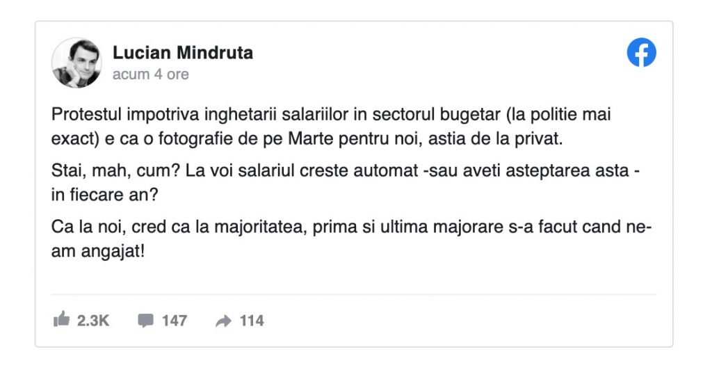 Lucian Mîndruță primește o replică în urma unui comentariu pe tema salariilor din poliție